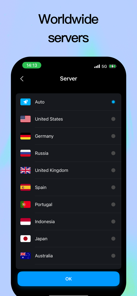 VPN - Buck Super - Buck Super VPN interface displaying a list of worldwide servers with flags for selection.