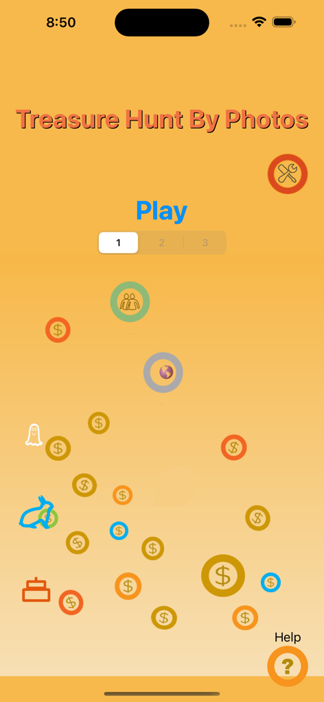 Treasure Hunt By Photos - The main menu of the Treasure Hunt By Photos app featuring a play button and icons for coin, easter, birthday, and halloween themes.