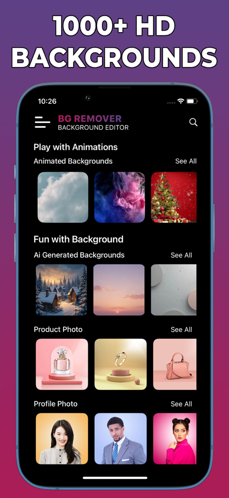 BG Remove: Background Editor - Interfaz de la aplicación BG Remove que muestra una biblioteca de más de 1000 fondos HD que incluyen categorías de fotos de productos profesionales y generadas por IA.