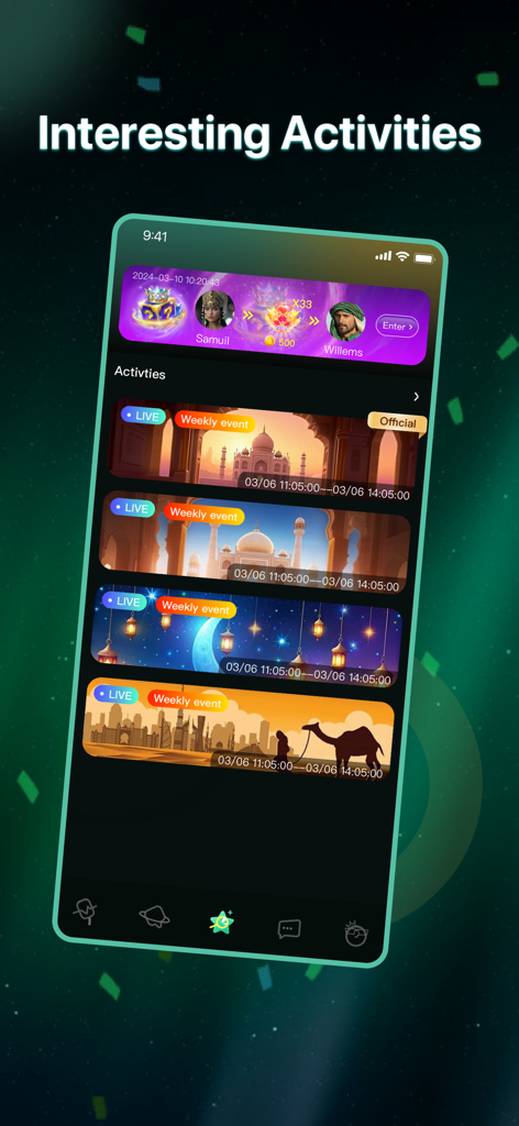 Ditto KSA mobile app screen showing interesting live activities and weekly cultural events