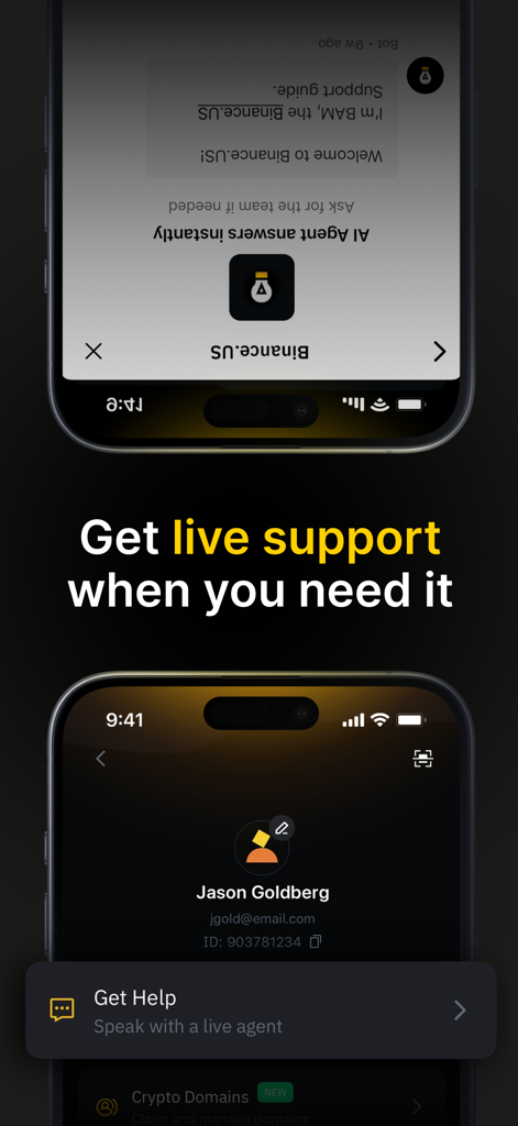 Binance.US: Buy Bitcoin & ETH - Marketingbildschirm für Binance.US, der Live-Agenten- und KI-Agenten-Supportfunktionen hervorhebt