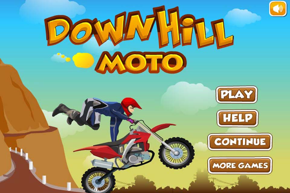 Main menu of the Down Hill Crazy Moto Racing game featuring a biker performing a stunt on a red motorcycle