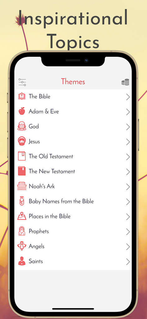 A menu of inspirational biblical themes in the Bible Word Search app including Jesus and Noahs Ark.