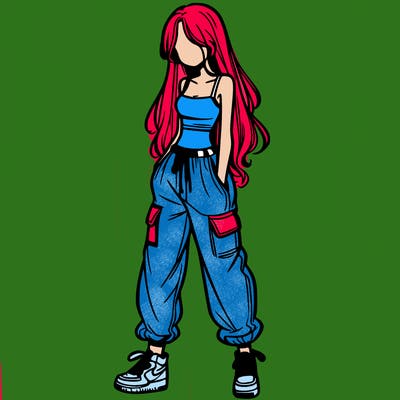 girl in baggy pants crop top and long hair