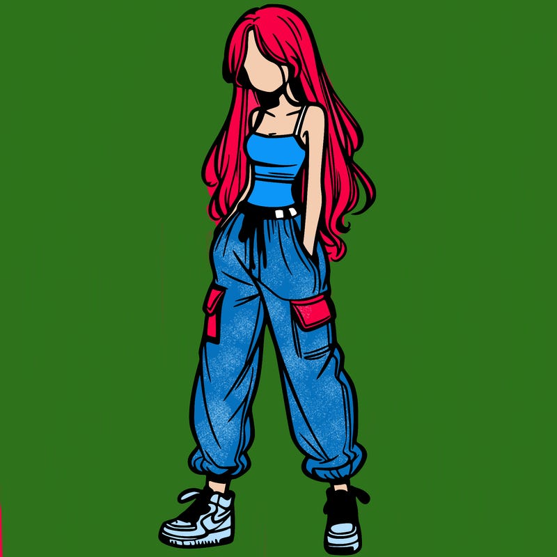 girl in baggy pants crop top and long hair