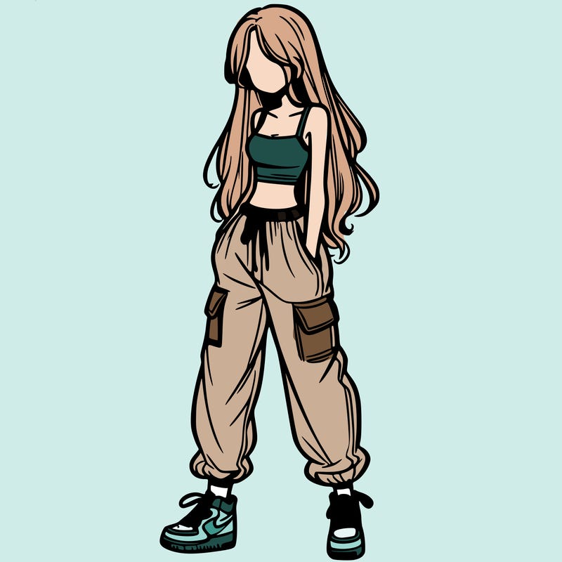 girl in baggy pants crop top and long hair