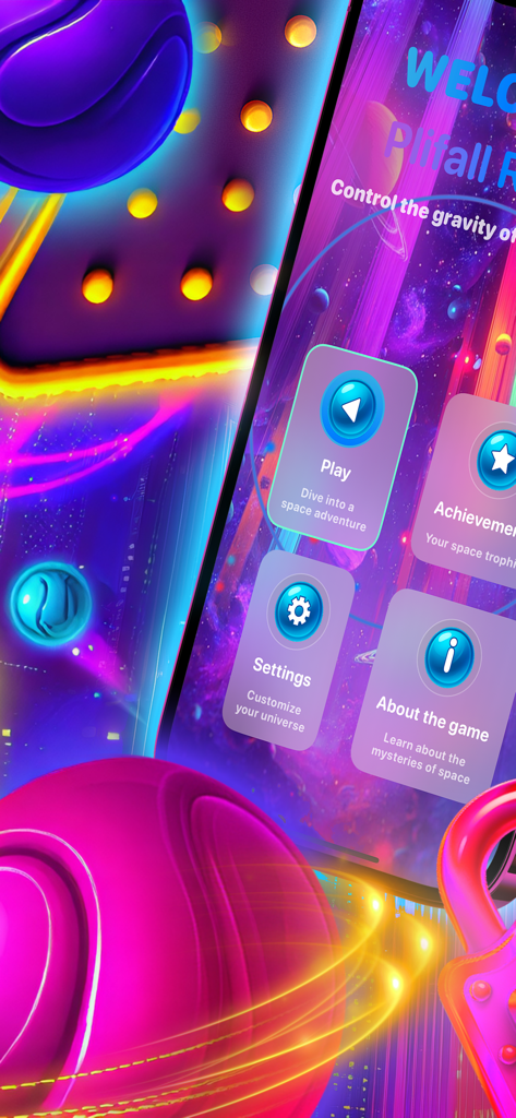 Plifall Rings - Plifall Rings game main menu with navigation buttons for play and settings on a vibrant cosmic background.
