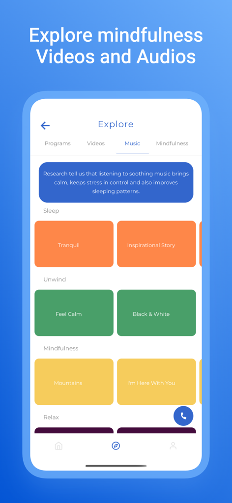 MindPlus - MindPlus app explore section featuring categories of soothing music and mindfulness audio tracks.