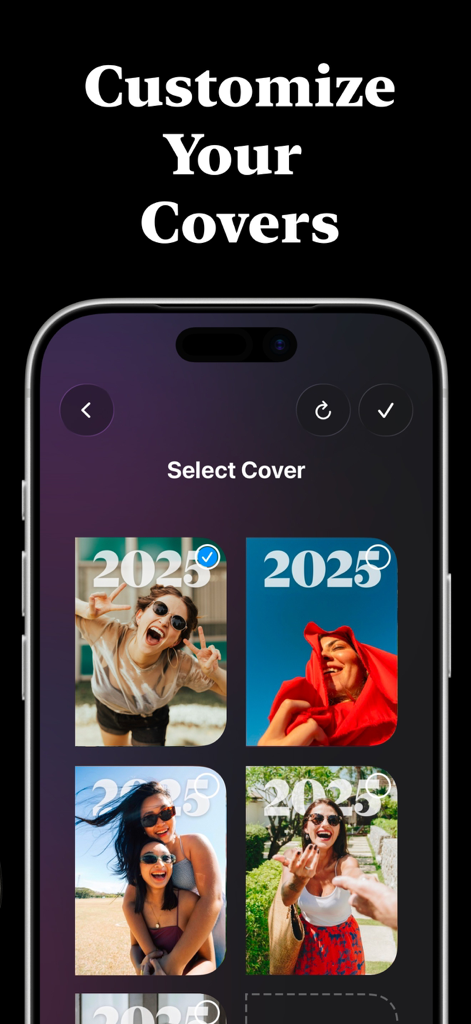 FlipYear app interface for selecting and customizing 3D photo book covers for the year 2025