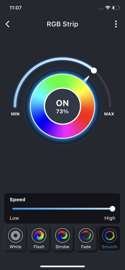 PIXIE PLUS - Interface of the PIXIE PLUS app showing an RGB color wheel and speed controls for smart home LED lighting.