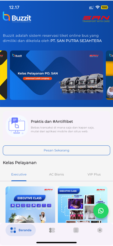 Buzzit - Interface da aplicação móvel Buzzit para reservar bilhetes de autocarro PO SAN, mostrando classes de serviço e opções de reserva.