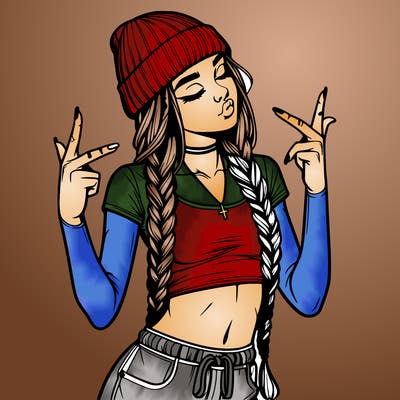 realistic teenage girl with braids and a beanie and crop top doing 🫶🏼