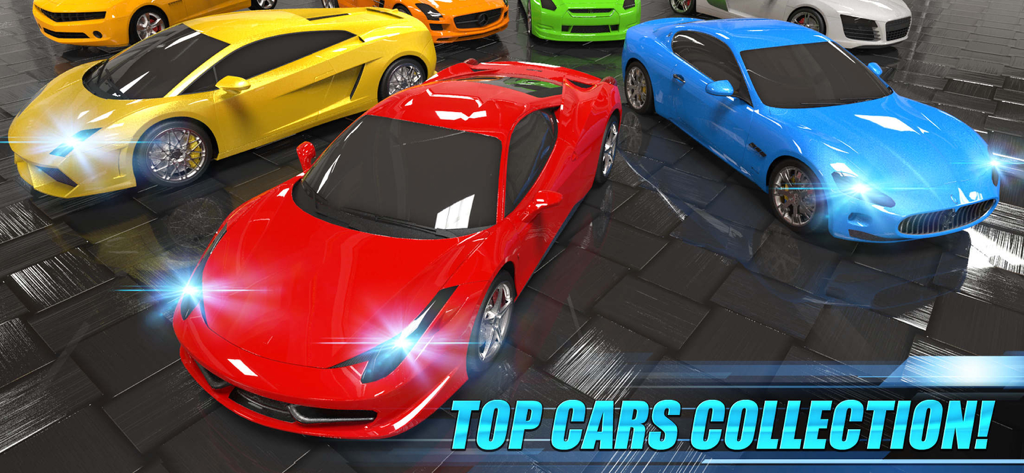 City Racing 3D : Drive Max - A collection of high-end sports cars in various colors like red blue and yellow from the City Racing 3D game