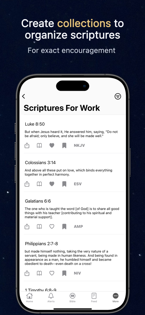 Bible Hour: Daily Verse Alerts - A smartphone screen showing organized Bible verse collections for work in the Bible Hour app