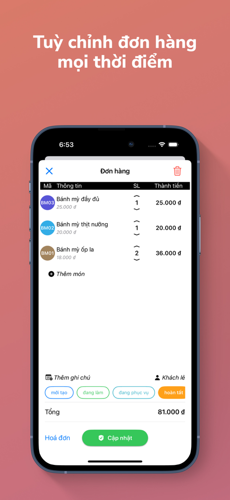 Tela de personalização de pedidos do aplicativo de gestão de vendas hPOS mostrando lista de itens e preço total