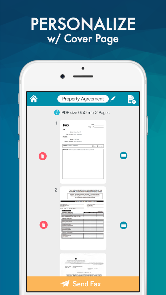 iPhone app interface highlighting the option to personalize a fax with a professional cover page.