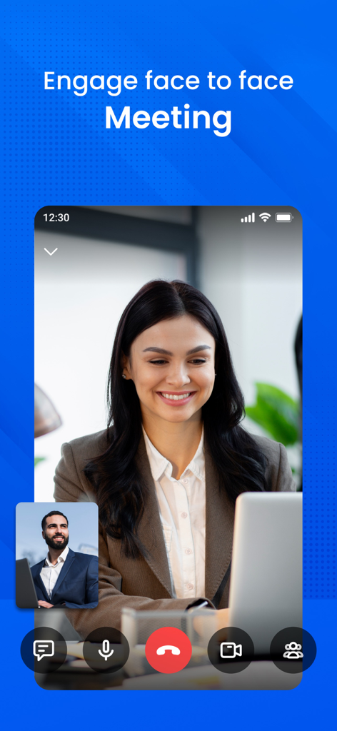 Video Conference: Meeting - Uma mulher e um homem engajados em uma videochamada frente a frente em uma interface de aplicativo móvel com controles de reunião.