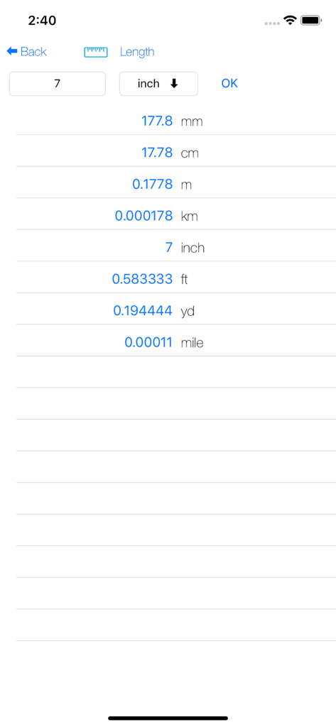 Längenkonvertierungsbildschirm, der 7 Zoll in verschiedene metrische und imperiale Einheiten wie Millimeter, Zentimeter und Fuß umwandelt.