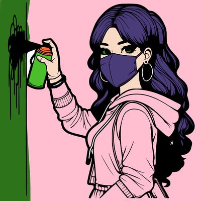 realistic girl with mask spray painting a wall