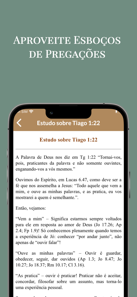 Tela de smartphone exibindo um esboço detalhado de sermão e estudo bíblico em português