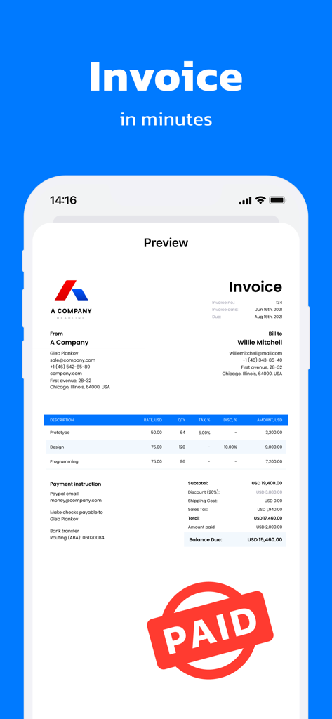 Invoice Maker・The Estimate App - Professional invoice preview with a red paid stamp on a smartphone screen