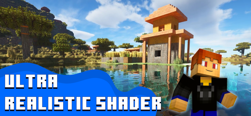 Addons for Minecraft ▸ - 반짝이는 호수 옆 나무집과 캐릭터 스킨을 보여주는 매우 사실적인 셰이더가 있는 마인크래프트 풍경
