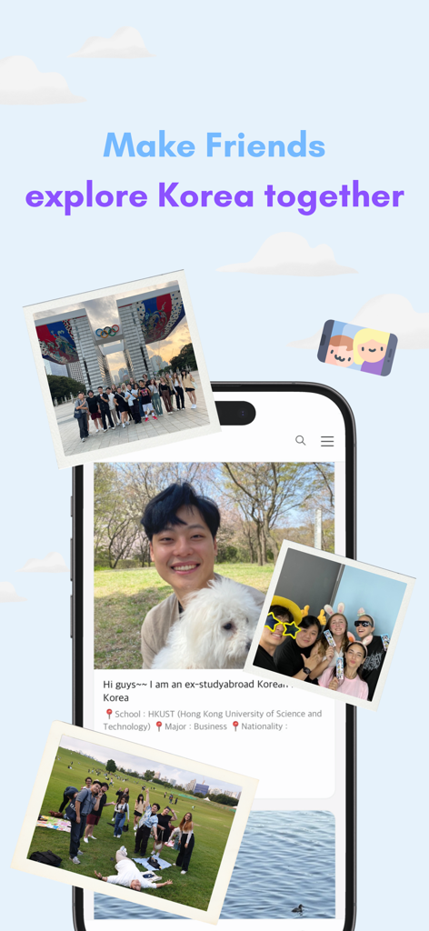 Study In Korea - 友人と出会い、一緒に韓国を探索できるというテキストとともに、学生の写真が表示されたStudy In Koreaアプリのインターフェースを示すスマートフォン。