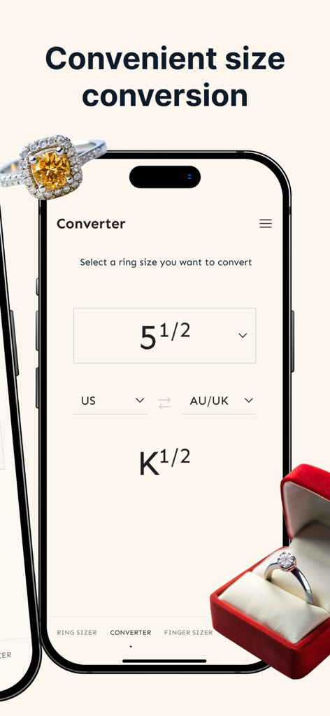 Ring Sizer. - A smartphone displaying a ring size conversion tool from US to AU/UK sizes.