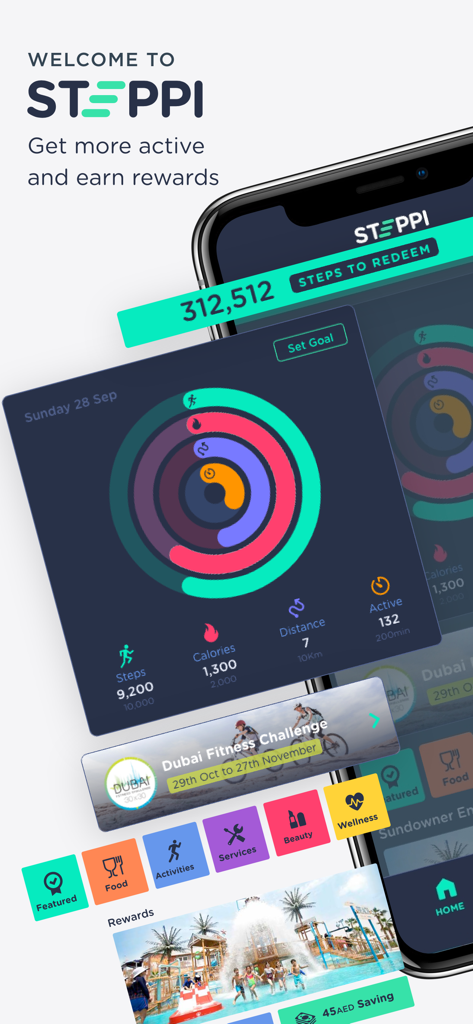 STEPPI - Mobile interface of the STEPPI app showing activity tracking rings and lifestyle reward categories.