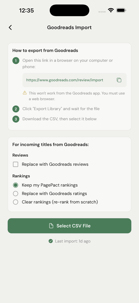 PagePact - Instruções de importação do Goodreads e botão de upload de CSV no aplicativo PagePact.