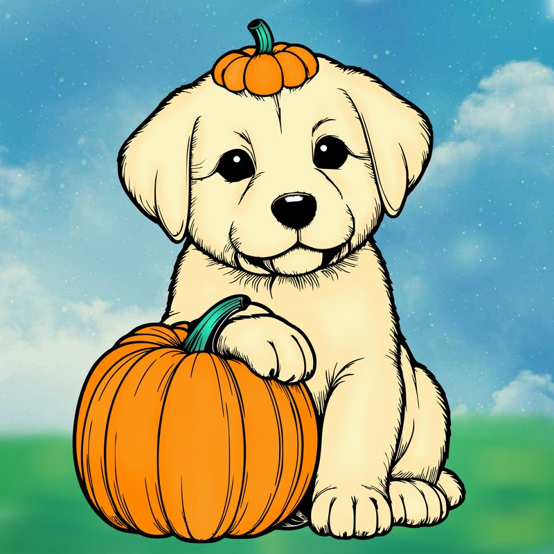 a realistic puppywith a pumpkin on his head