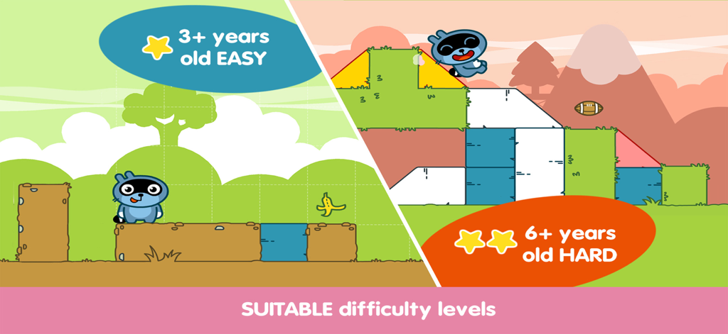 Pango Blocks game interface showing easy and hard difficulty levels for children