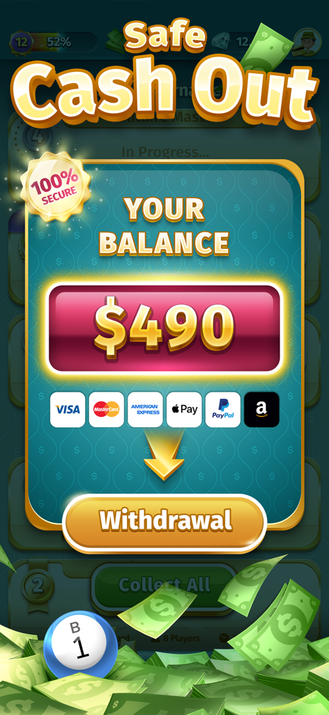 Bingo Bling™  Win Real Cash - Una pantalla de retiro seguro en la aplicación Bingo Bling mostrando un saldo de 490 dólares y métodos de pago admitidos como PayPal y Apple Pay