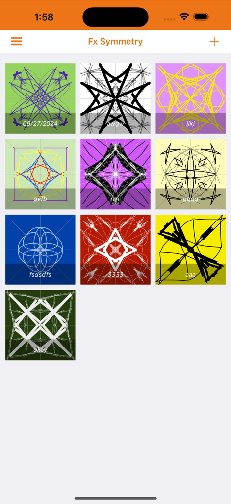 A grid view of colorful symmetrical mandala designs and patterns created in the Fx Symmetry app.