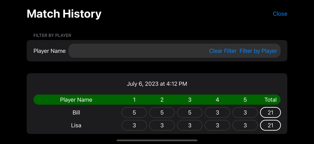 Axe Tracker app match history screen displaying game scores for two players