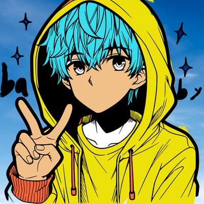 teenage manga boy in a hoodie, doing ✌
