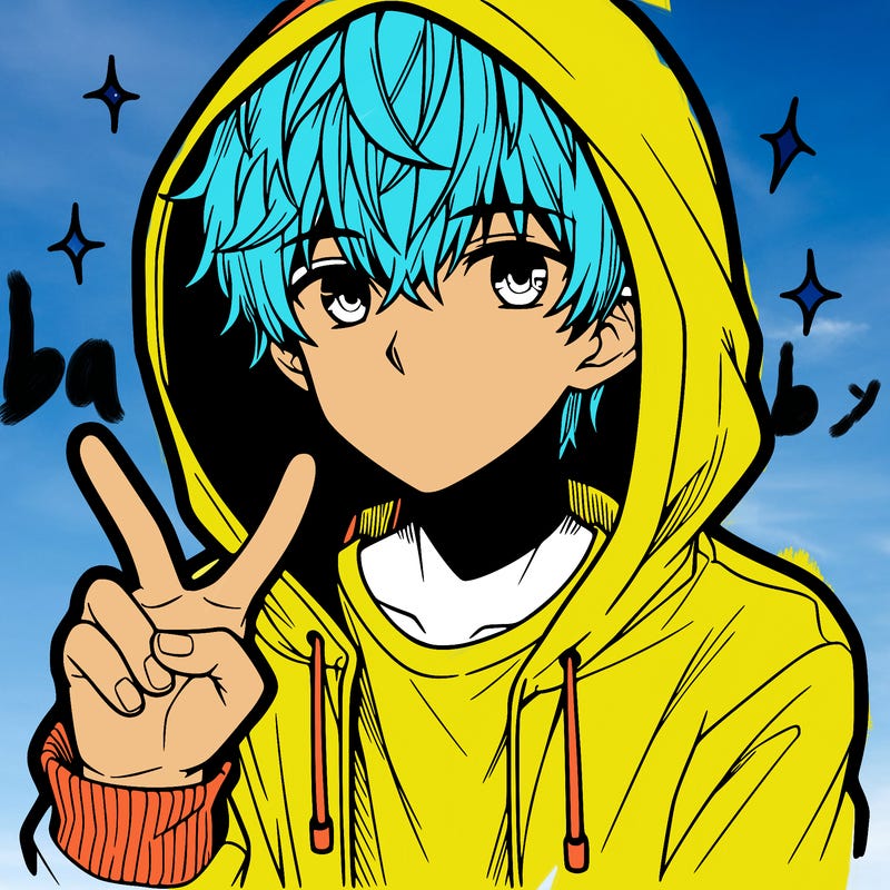 teenage manga boy in a hoodie, doing ✌