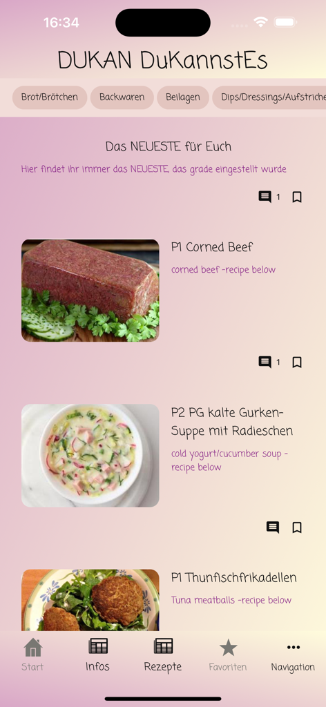 Dukan diet app displaying a list of healthy recipes for different weight loss phases.