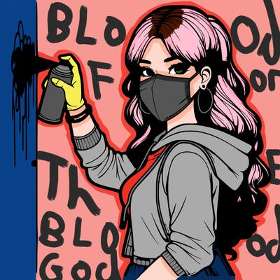 realistic girl with mask spray painting a wall