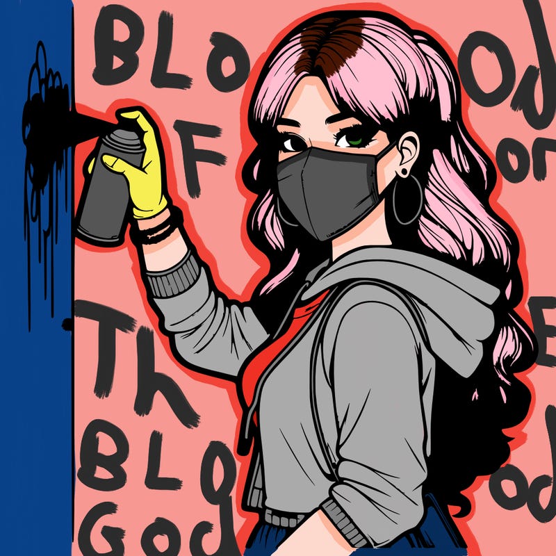 realistic girl with mask spray painting a wall