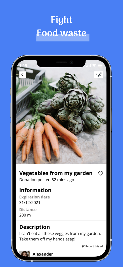 Captura de ecrã da aplicação móvel mostrando um anúncio de vegetais gratuitos para reduzir o desperdício alimentar no Geev.