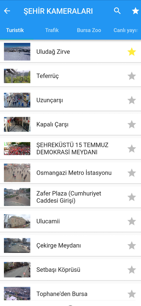 Bursa Büyükşehir Belediyesi - List of live city cameras in the Bursa Metropolitan Municipality mobile app showing various tourist locations