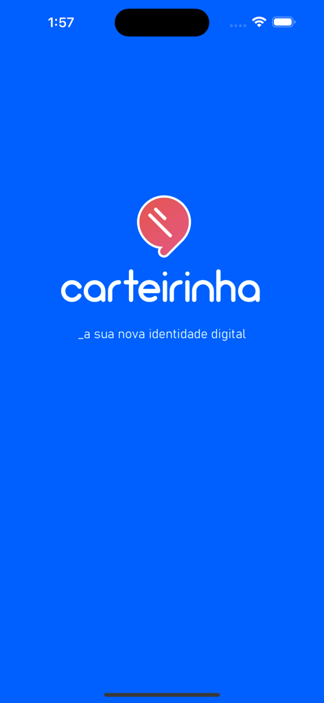 Carteirinha app splash screen showing the logo and digital identity tagline on a blue background