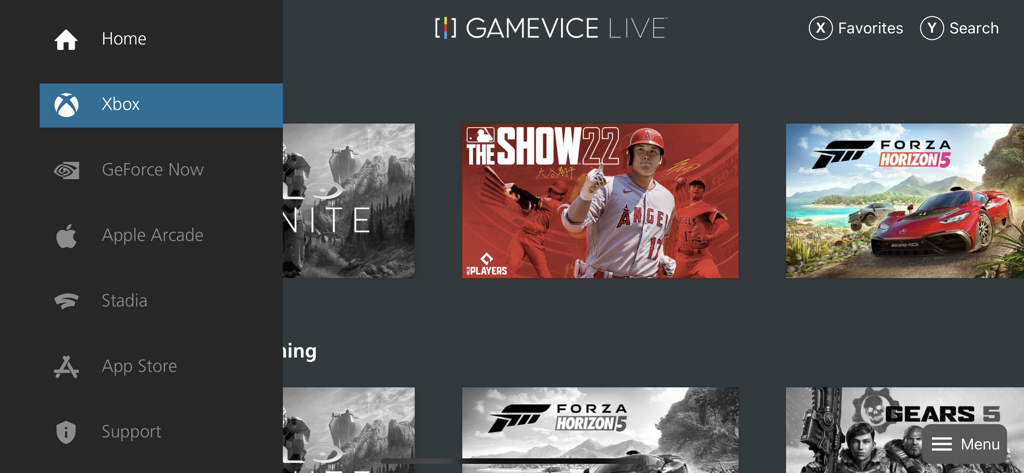 Gamevice Live - Interfaz de la aplicación Gamevice Live mostrando una biblioteca de juegos en la nube de Xbox compatibles con mando