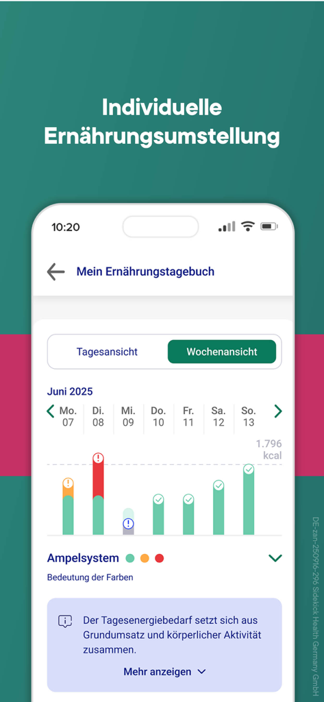 Ein wöchentlicher Überblick über das Ernährungstagebuch in der zanadio-App mit einem Balkendiagramm zur Kalorienverfolgung und einem farbcodierten Ampelsystem für Ernährungsgewohnheiten.
