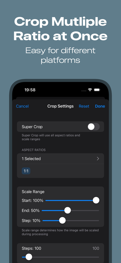 CropandGrade - Oberfläche der CropandGrade-App, die Zuschneideeinstellungen für mehrere Seitenverhältnisse und Skalierungsregler zeigt