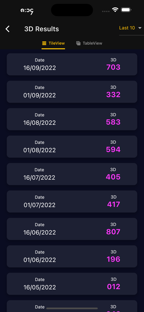 MM 2D3D - MM 2D3Dのダークテーマタイルビューで日付ごとに表示される過去の3D宝くじ結果のリスト