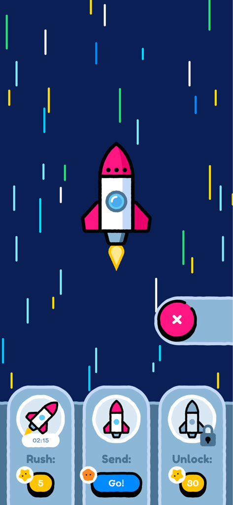 Idle Pocket Planet - A cartoon rocket ship flying through space with a bottom menu to rush send or unlock new ships