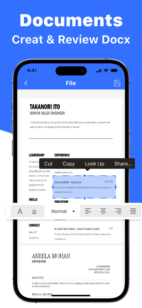 Documents - Create & Edit - Schermata dell'iPhone che mostra l'app Documenti Crea e Modifica con un curriculum in fase di modifica utilizzando strumenti di formattazione e modifica del testo