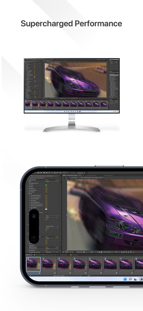 iPhone e monitor de computador exibindo software de edição de vídeo de alto desempenho